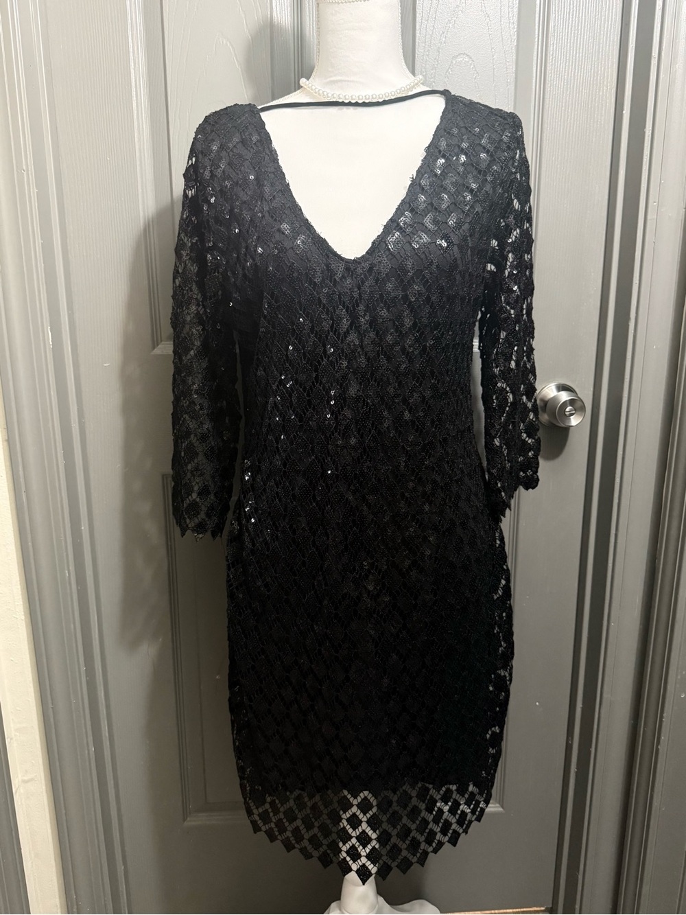 Women's Black Lace V-Neck Long Sleeve Dress